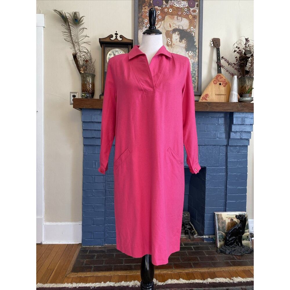 Vintage Halston lll M 10 P 100% Raw Silk Shirt Collared Tunic Dress Pockets 80s